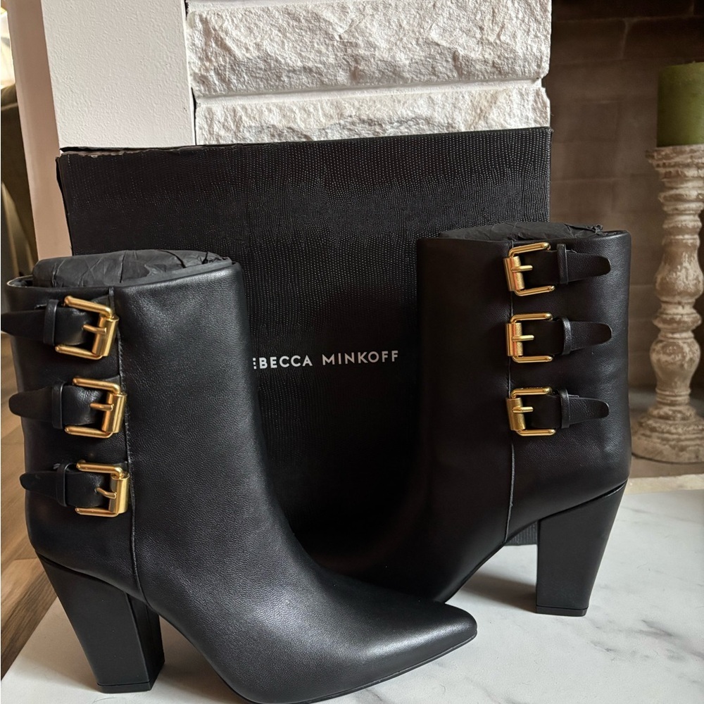 Rebecca Minkoff Black Heeled Boots with Gold Buckles NWOT size 8.5
